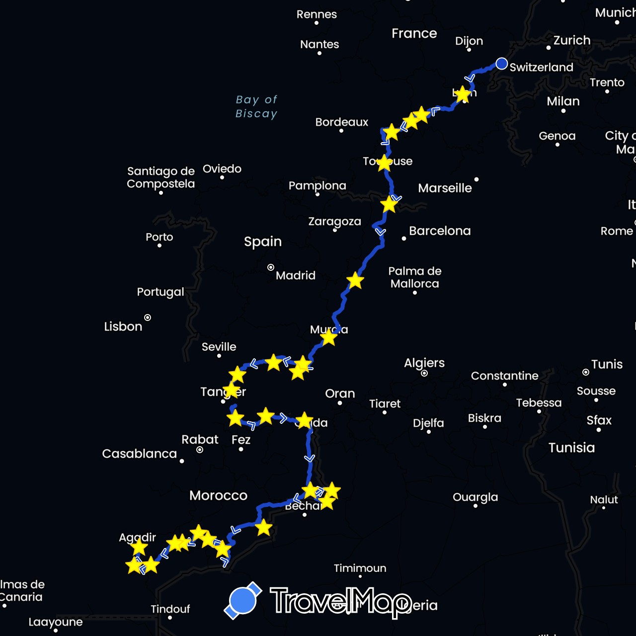 TravelMap itinerary: driving, le maligorn in Andorra, Switzerland, Spain, France, Morocco (Africa, Europe)